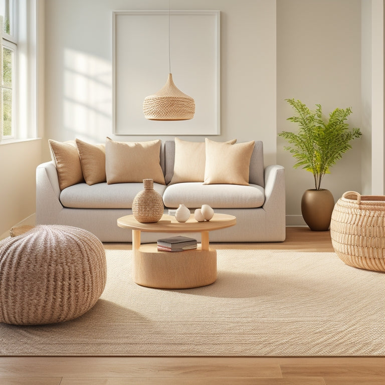 An illustration of a serene, minimalist living room with a perfectly nested set of five, rounded, woven baskets in varying sizes, placed on a plush, cream-colored area rug.