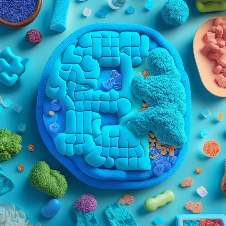 A whimsical illustration of a puzzled digestive system, with puzzle pieces fitting together, surrounded by floating supplements in shades of blue and green, amidst a subtle gut-brain axis backdrop.