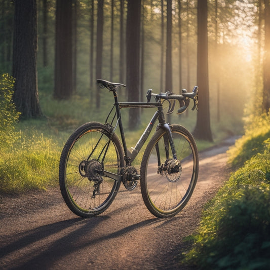 A gravel bike with dropped handlebars, positioned on a winding dirt road surrounded by lush greenery, with the sun casting a warm glow on the bike's sleek frame and components.