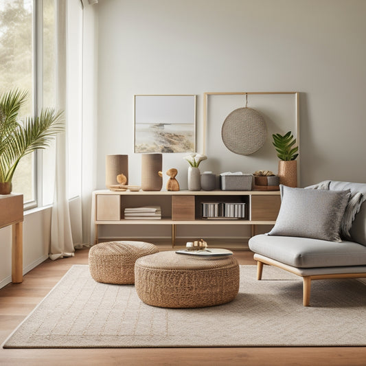 A serene, modern living room with a minimalist aesthetic, featuring a sleek storage ottoman, a wall-mounted shelf with woven baskets, and a geometric-patterned rug, bathed in soft, warm lighting.