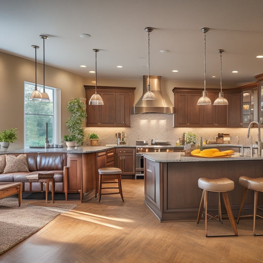 A spacious open concept kitchen with a large, curved island, pendant lights, and a mix of dark and light wood tones, surrounded by a bright living area with a sectional sofa.