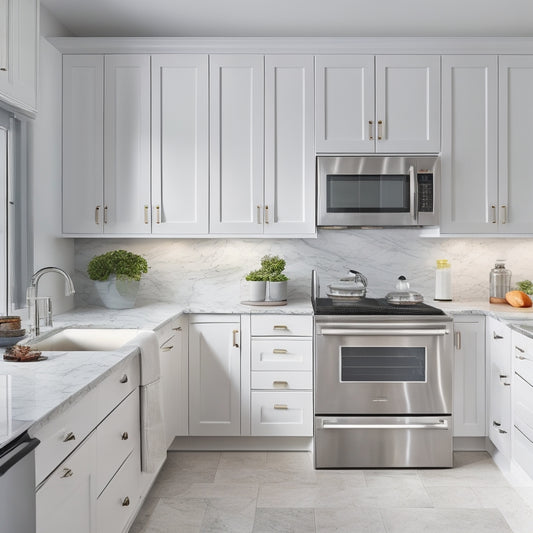 A bright, modern kitchen with sleek white cabinets, marble countertops, and stainless steel appliances, featuring a large, wall-mounted white organizer with 12 compartments and a built-in utensil holder.