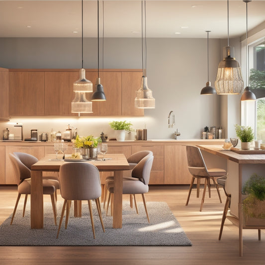 A modern, open-plan kitchen and dining space with a large island, pendant lights, and a wooden dining table surrounded by chairs, with a blurred background of warm, neutral tones.