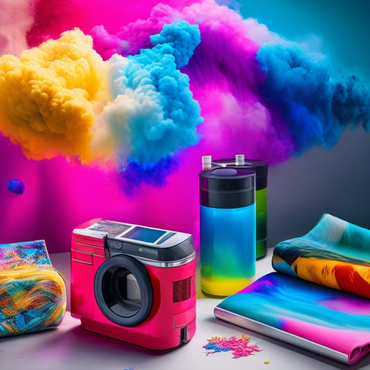 Vibrant, swirling clouds of colored ink dance across a sleek, silver heat press, surrounded by rolled-up prints of abstract designs, sports jerseys, and custom phone cases, amidst a backdrop of scattered polyester fabric scraps.