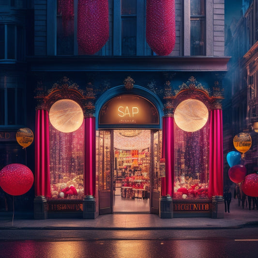 A vibrant, golden confetti explosion bursts from a torn, red velvet curtain, revealing a cityscape at dusk with neon storefront signs reading "SALE" and "DISCOUNT," amidst fluttering balloons and streamers.