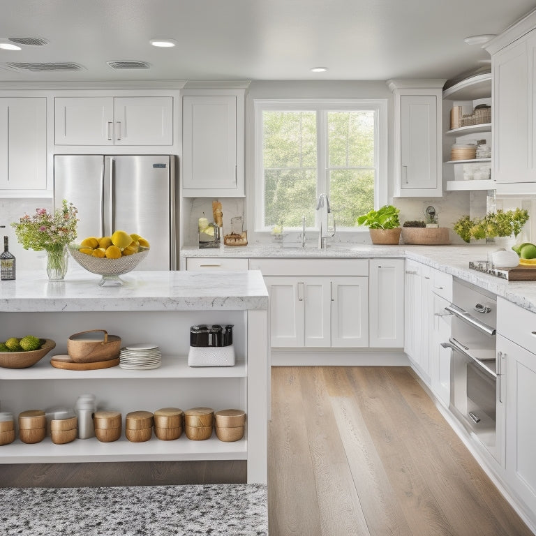 A bright, modern kitchen with sleek white cabinets, warm hardwood floors, and a large island featuring a built-in sink, cooktop, and smart storage solutions, including pull-out spice racks and drawer organizers.