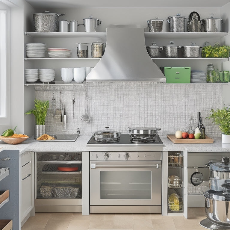 A bright, modern kitchen with Rev-A-Shelf's Cookware Organizer installed, featuring a sleek, silver drawer with multiple tiers, holding various cookware pieces, such as pots, pans, and lids, in an organized, clutter-free arrangement.