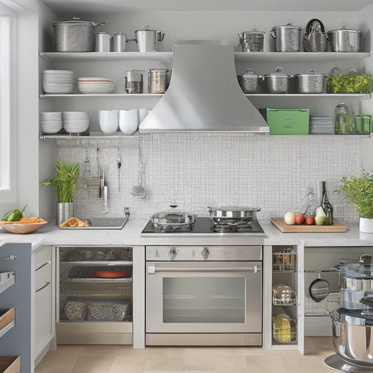 A bright, modern kitchen with Rev-A-Shelf's Cookware Organizer installed, featuring a sleek, silver drawer with multiple tiers, holding various cookware pieces, such as pots, pans, and lids, in an organized, clutter-free arrangement.