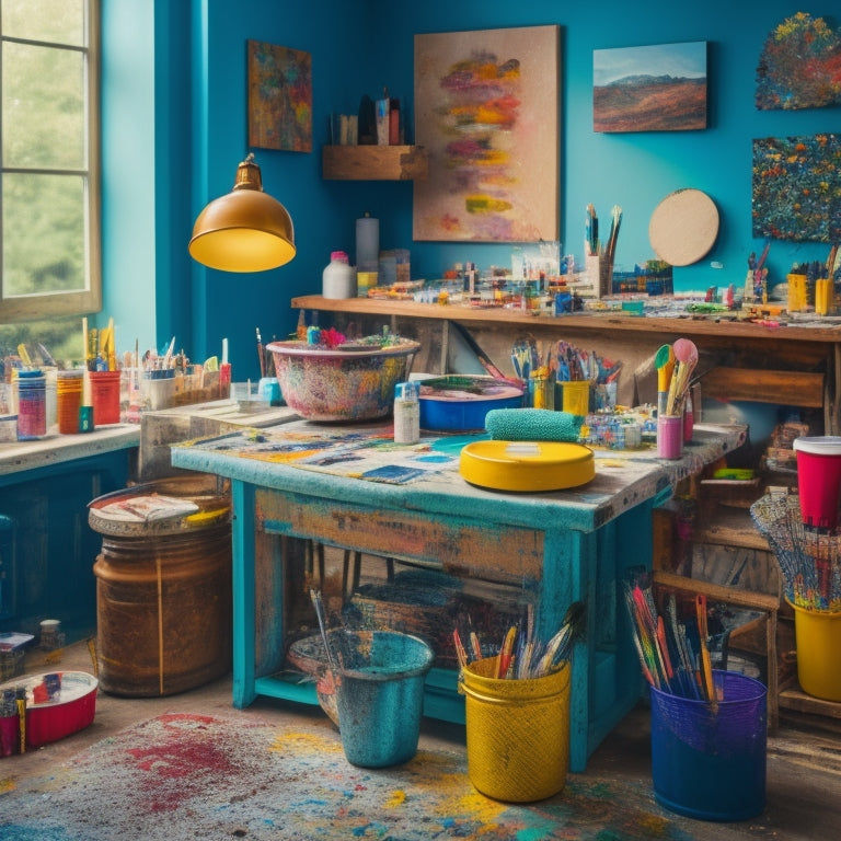 A vibrant, eclectic art studio with a sleek, modern sink at its center, surrounded by paint-splattered easels, scattered brushes, and a kaleidoscope of art supplies.