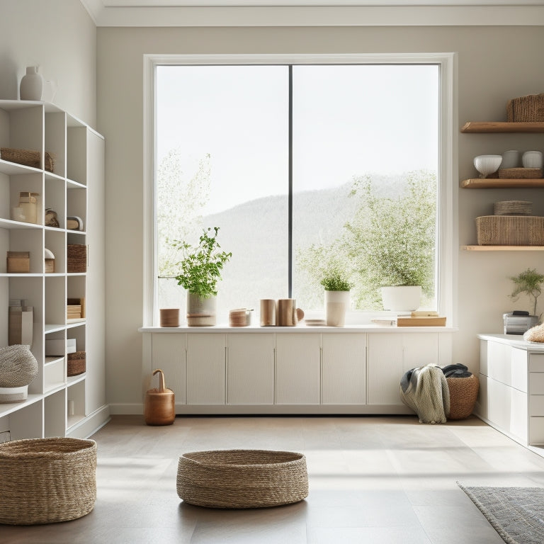 A serene, minimalist home interior with a few strategically placed storage bins, baskets, and shelves, showcasing a tidy living room, kitchen, and bedroom, with natural light pouring in through large windows.