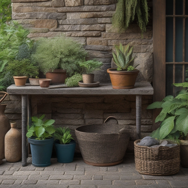 A worn, wooden potting bench with a distressed finish, adorned with potted plants, gardening tools, and a woven basket, set against a natural stone or brick backdrop with lush greenery surrounding it.