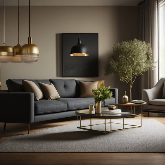 A minimalist living room with a sleek, low-profile storage ottoman in a rich, dark wood tone, surrounded by a few carefully chosen decorative pieces and a statement light fixture.