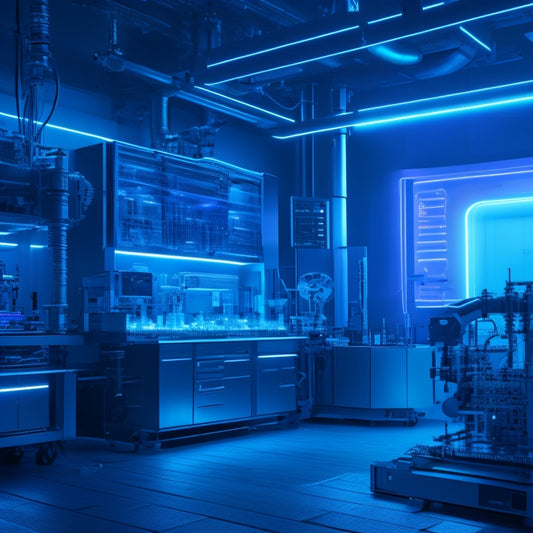 A futuristic, high-tech laboratory with sleek machinery, glowing blue circuits, and robotic arms, set against a dark background with neon lights reflecting off metallic surfaces.