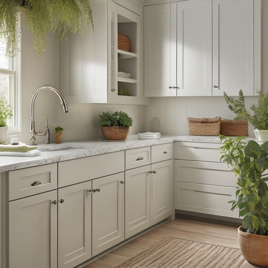 A serene, well-organized laundry room with creamy white cabinets, soft gray countertops, and warm wood accents, featuring a few artfully folded towels and a few sprigs of fresh greenery.