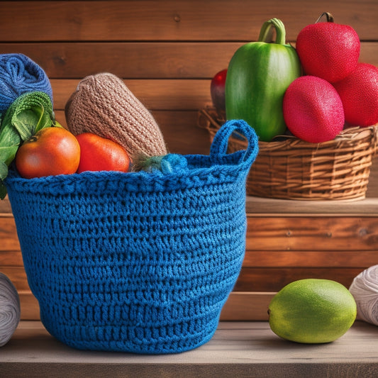 A colorful, partially completed crochet mesh grocery bag holder hangs from a hook, surrounded by balls of yarn, a crochet hook, and a few fresh fruits and vegetables, on a rustic wooden table.