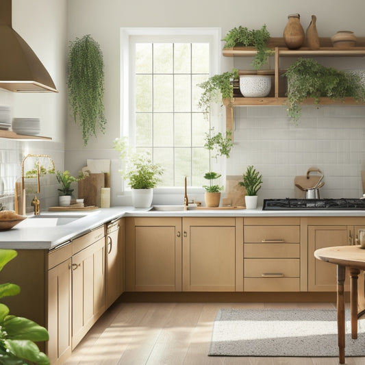 A serene kitchen interior with a warm, honey-colored wood island, surrounded by sleek, white cabinets, and adorned with a few, artfully arranged, cooking utensils and a small, lush green plant.