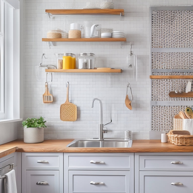 A tidy, modern kitchen with sleek white cabinets, a stainless steel sink, and a few strategically placed hooks, baskets, and a pegboard, showcasing a utensil organizer and a spice rack.