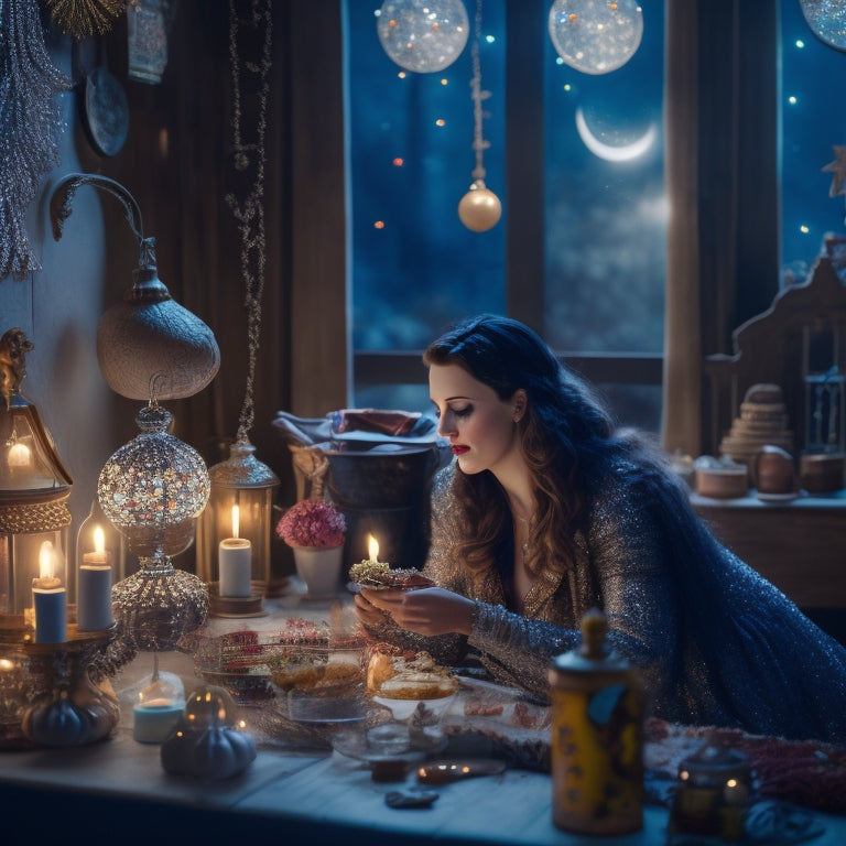 A whimsical, moonlit workshop scene featuring Tracy Lynn surrounded by twinkling fairy lights, half-finished crafts, and mystical objects, with a crescent moon shining through a stained glass window.