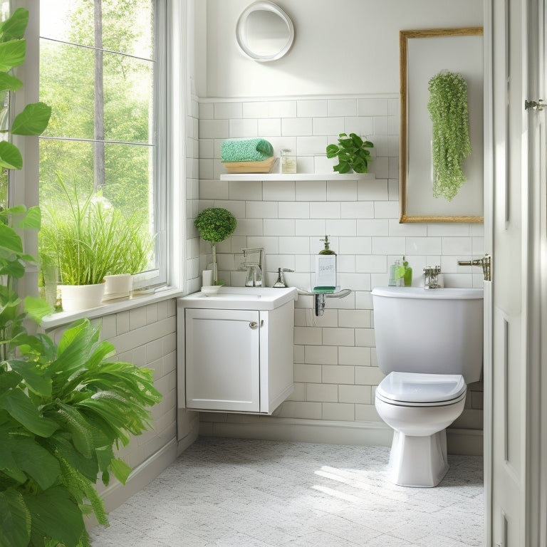 A serene, white-tiled small bathroom with a wall-mounted cabinet, a pedestal sink, and a toilet with a storage compartment behind it, surrounded by lush greenery and soft, natural light.