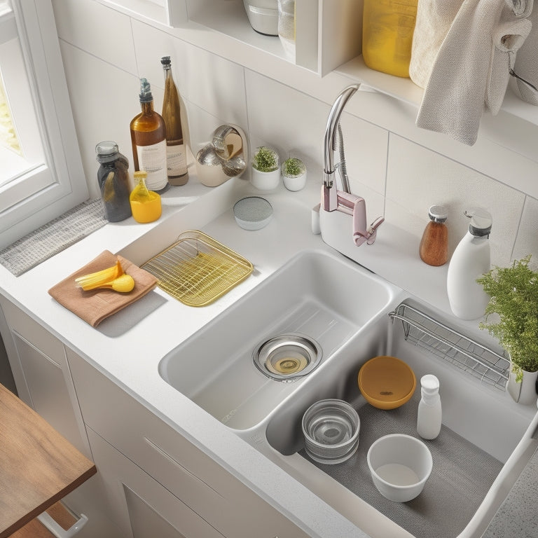 A tidy, modern kitchen sink area with a sleek, white Portero Organizer installed underneath, holding a variety of neatly arranged cleaning supplies and accessories in a warm, natural light setting.