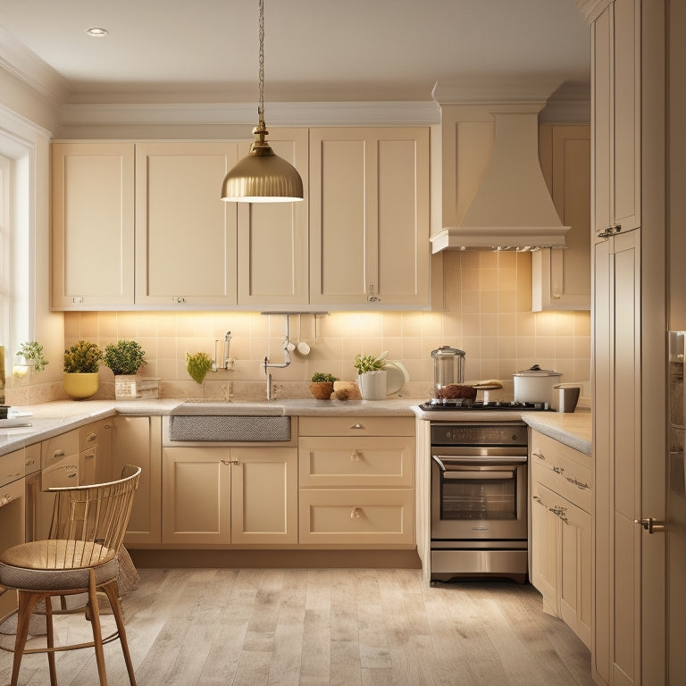 A tidy, L-shaped kitchen with warm beige cabinets, showcasing a corner cabinet with a soft-close, pull-out carousel, holding a mix of cookware, utensils, and dinnerware, illuminated by a pendant light above.