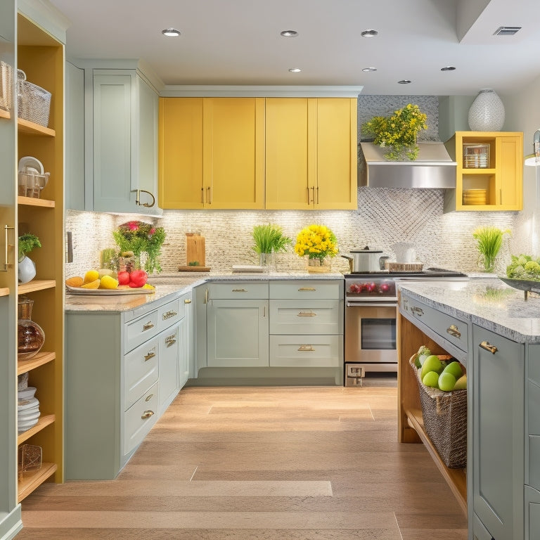 A clutter-free kitchen with floor-to-ceiling cabinets featuring pull-out shelves, lazy susans, and dividers, alongside a large island with built-in trash cans and utensil organizers, all in a modern, sleek design.