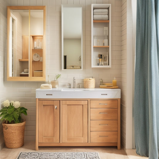 A serene, modern bathroom with a wall-mounted cabinet featuring a mirrored door, a recessed shelf above the sink, and a woven basket storage unit beneath the vanity.