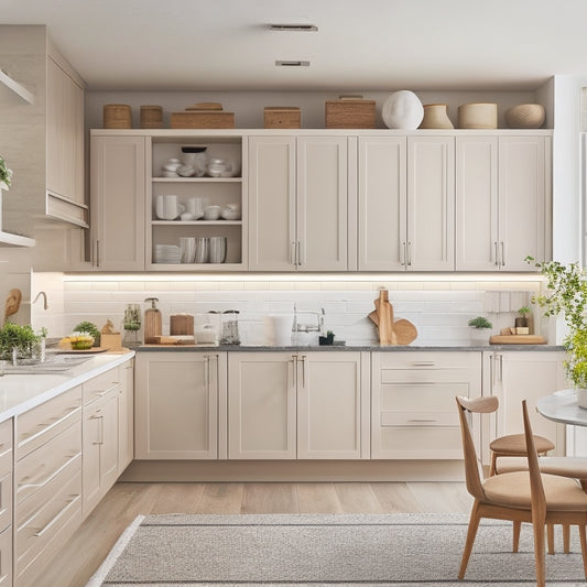 A modern kitchen with sleek, handle-free cabinets and floor-to-ceiling storage units in a neutral color palette, featuring a mix of open shelving, drawers, and pull-out compartments.