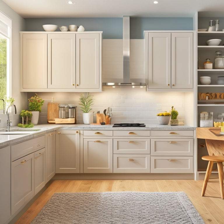 A bright, modern kitchen with sleek, custom cabinetry featuring pull-out drawers, adjustable shelves, and a built-in spice rack, set against a calming white and gray color scheme.