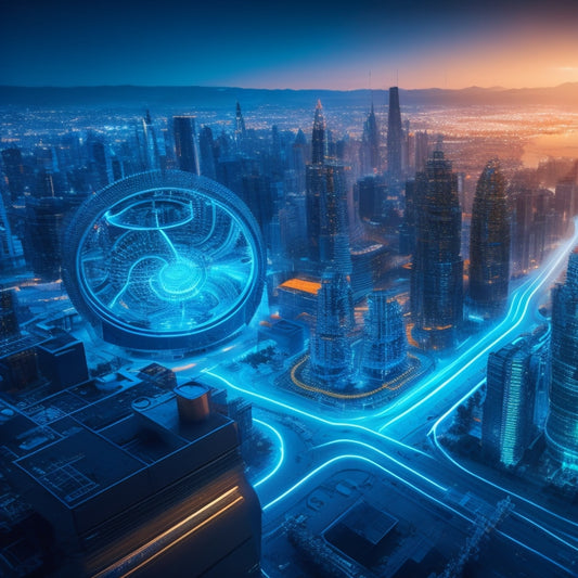 A futuristic, interconnected cityscape with sleek, modern buildings and glowing blue circuits, surrounded by swirling gears, cogs, and puzzle pieces, symbolizing streamlined SMB operations across various industries.