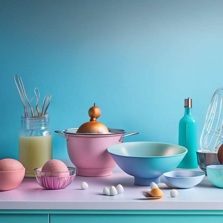 A vibrant, modern kitchen background with a large, gleaming metal whisk standing upright, surrounded by 5-6 empty eggshells in pastel hues, and a few fluffy, whipped egg whites in small glass bowls.