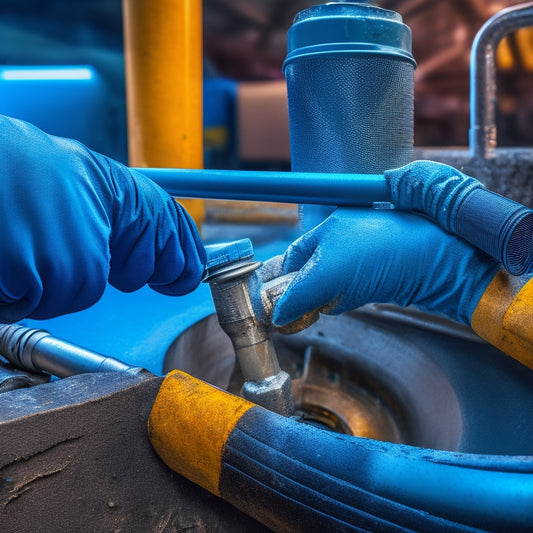 A close-up of a gloved hand holding a wrench, tightening a bolt on a shiny metal lid, with a wastewater tank and pipes blurred in the background, surrounded by scattered tools and equipment.