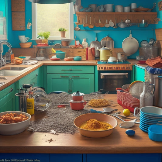 A cluttered kitchen with piles of dirty dishes, utensils scattered everywhere, and a messy island with crumbs and spills, surrounded by frazzled kitchen utensils and appliances with tangled cords.