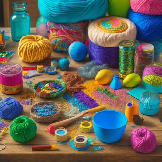 A vibrant, cluttered craft table with an assortment of colorful materials, including yarn, fabric, glitter, and paint, surrounded by half-finished projects and creative chaos.