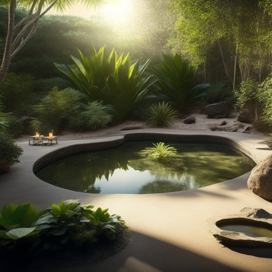 A serene, spacious enclosure with a warm, sandy floor, lush green plants, a large, shallow water pool, and a wooden, rock-shaped basking area, lit by a warm, golden light.