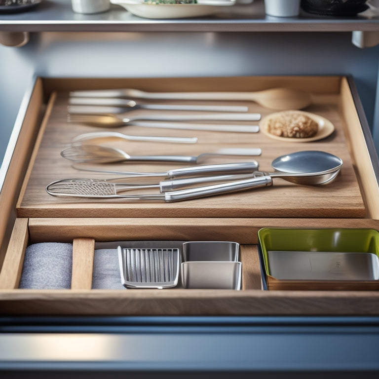 A tidy kitchen drawer with dividers, containing neatly arranged utensils: whisks, spatulas, and spoons in separate compartments, with a soft, warm lighting and a blurred background.