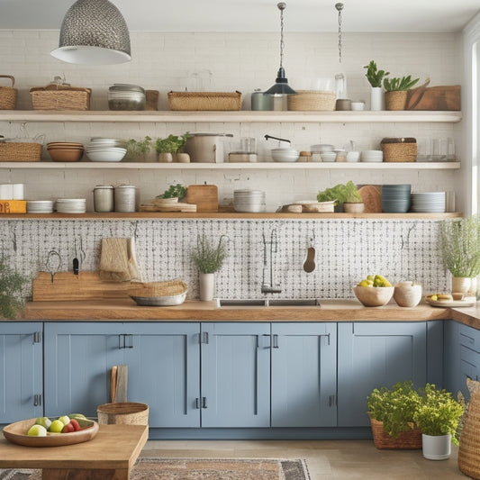 A bright, modern kitchen with sleek cabinets, a large island, and a pegboard on the wall, showcasing utensils and pots hung from hooks, with a few strategically placed woven baskets storing fresh produce and cookbooks.