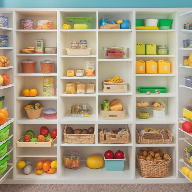 A tidy play kitchen with categorically arranged play food groups, such as fruits, vegetables, meats, and snacks, stored in labeled baskets and containers on shelves and in cabinets.