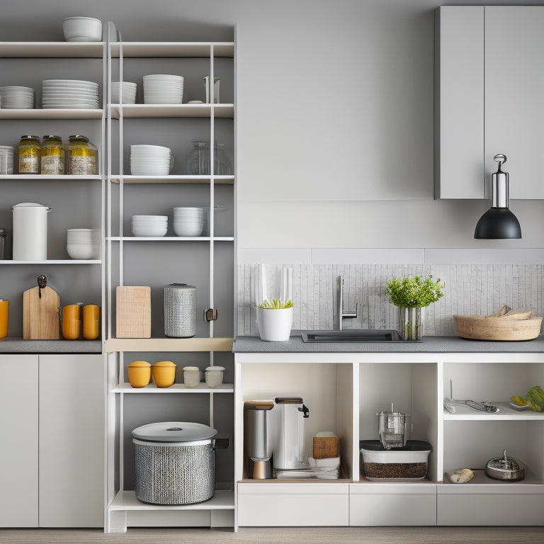 A bright, modern kitchen with a mix of open and closed storage, featuring a utensil organizer on the wall, a tiered spice rack, and a pull-out trash can, all in a clean, minimalist aesthetic.