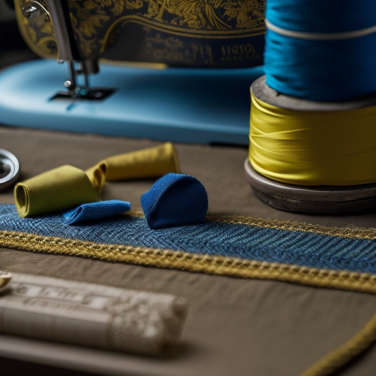 A close-up of a sewing machine's presser foot, with a spool of contrasting thread in the foreground, stitching a perfect topstitch on a tailored garment's hem, surrounded by scattered pins and fabric scraps.