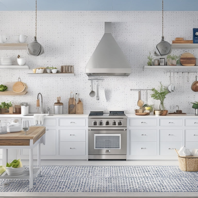 A clutter-free kitchen with stainless steel appliances, a large island, and a pegboard with hanging utensils, set against a bright white background with a subtle world map pattern.