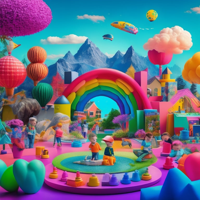 A colorful, vibrant illustration of children engaged in various creative activities, surrounded by art supplies, blocks, and educational toys, with a subtle background of a whimsical, dreamlike landscape.