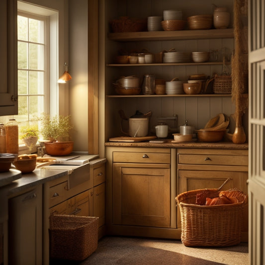 A warm, well-lit kitchen with creamy cabinets, featuring a corner cabinet with a half-open door, revealing three woven storage baskets of varying sizes, filled with kitchen utensils and cookbooks.