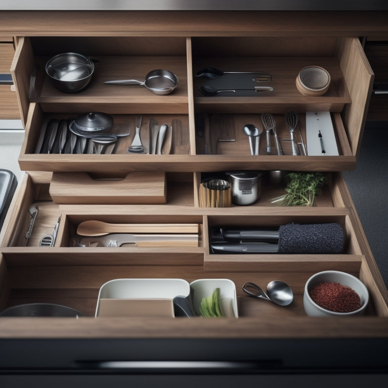 A kitchen drawer with various utensils, cookware, and gadgets neatly arranged in custom-fit compartments, dividers, and inserts, with a warm wooden tone and subtle lighting.