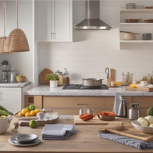 A clean and modern kitchen with a central island, featuring a utensil organizer, a knife block, a cutting board, a stand mixer, and a few strategically placed cookbooks, surrounded by a subtle warm glow.