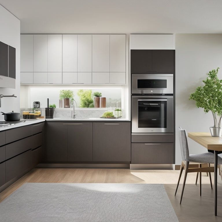 A modern, sleek kitchen with white walls, dark wood cabinets, and stainless steel appliances, featuring a Yamazaki Home space-saving kitchen organizer with pull-out drawers and a rotating turntable.