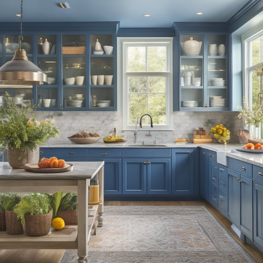 A beautifully styled kitchen with a large, L-shaped island featuring cabinets, drawers, and open shelving, surrounded by a few cookbooks, utensils, and a vase with fresh flowers.