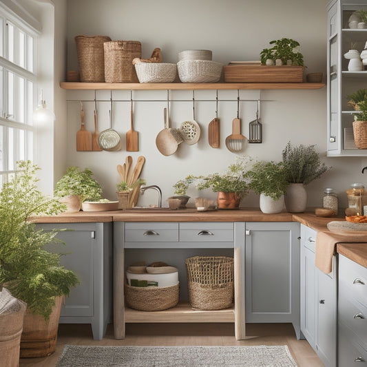 A serene, well-lit kitchen with minimalist countertops, a perfectly organized utensil drawer, and a tidy pantry with labeled baskets and jars, surrounded by warm, natural wood accents and a few potted plants.