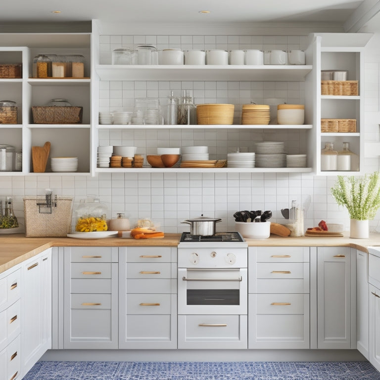 A modern kitchen with white cabinets, featuring a Frost cabinet organizer system with adjustable shelves, baskets, and dividers, neatly storing cookware, utensils, and spices in a sleek, clutter-free arrangement.