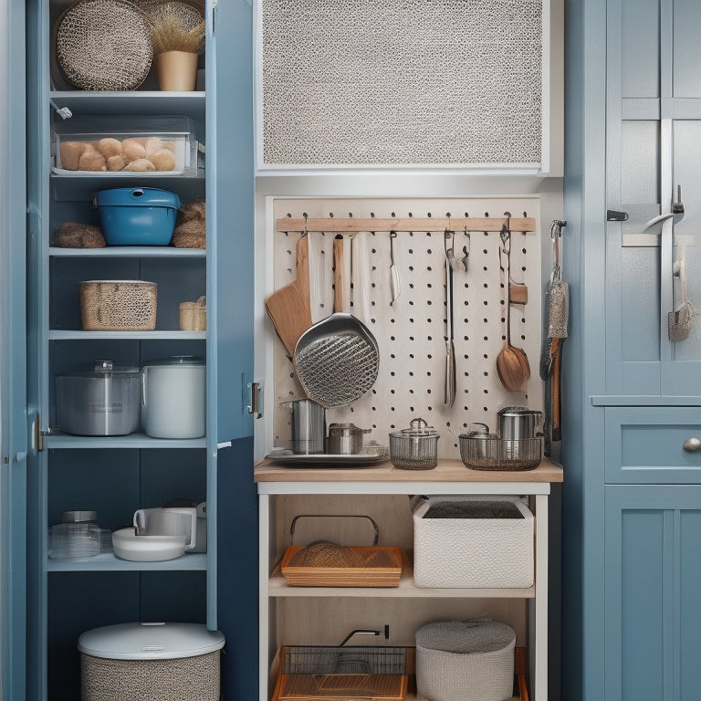 A tidy kitchen with a rented space's limitations: a pegboard on the back of a door, a compact cart with baskets, and a utensil organizer attached to the side of a cabinet.